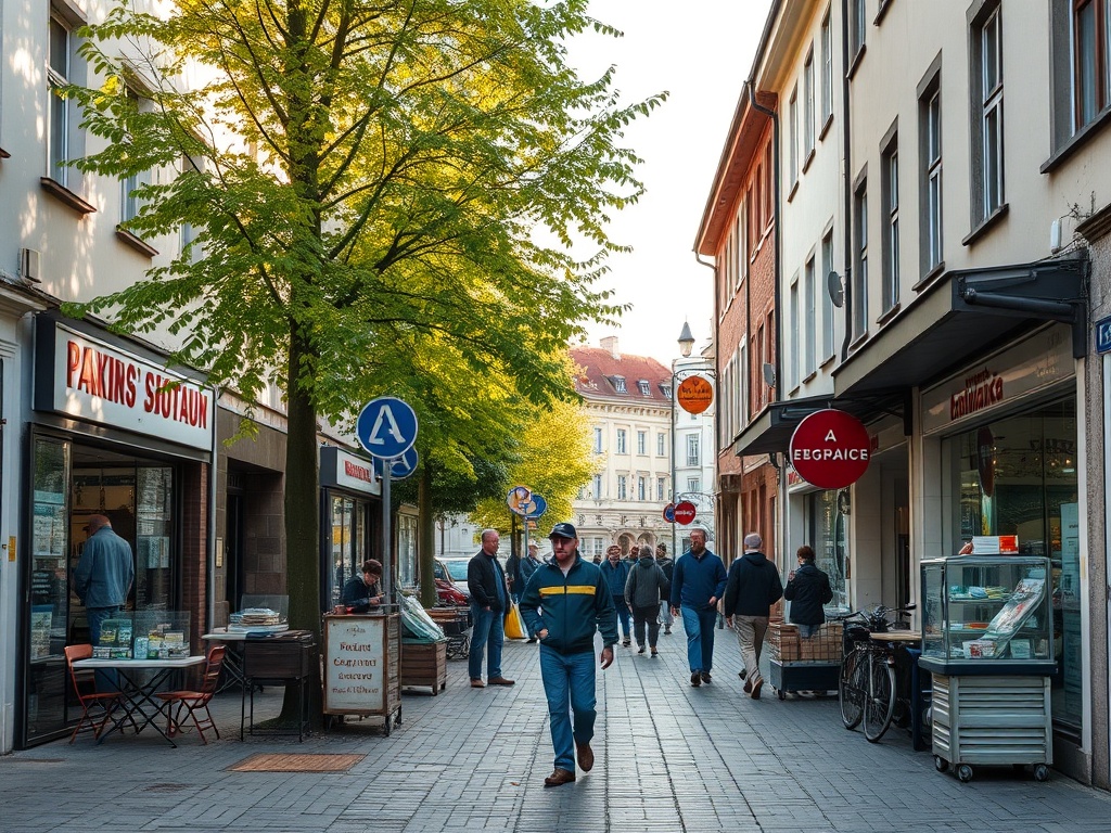 Plakat informacyjny o przetargu na przebudowę torów Tramwajów Śląskich od Będzina do Dąbrowy Górniczej, podkreślający nowe oferty pracy.